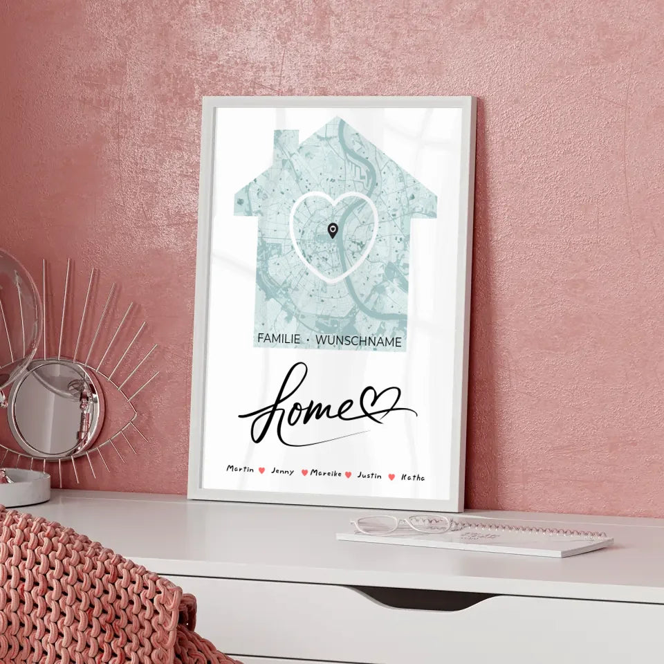 Personalisiertes Poster Familie Stadtkarte Home mit Nachname Herz Haus