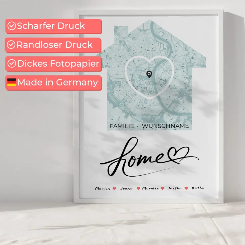 Personalisiertes Poster Familie Stadtkarte Home mit Nachname Herz Haus 6
