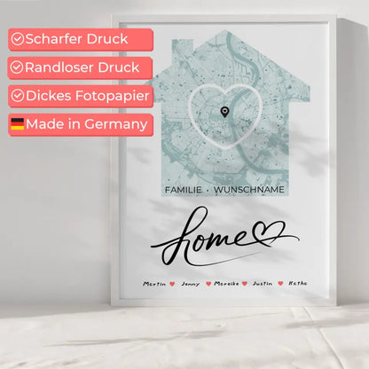 Personalisiertes Poster Familie Stadtkarte Home mit Nachname Herz Haus 6