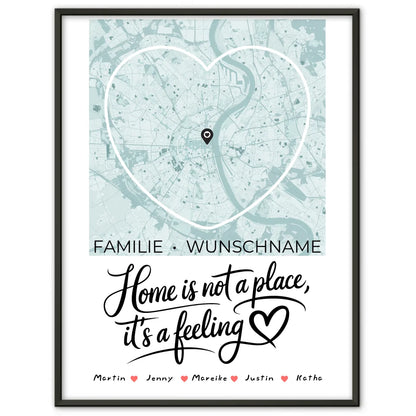 Personalisiertes Poster Spruch Familie Stadtkarte Is A Feeling Herzform mit Nachname 1