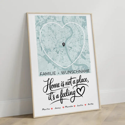 Personalisiertes Poster Spruch Familie Stadtkarte Is A Feeling Herzform mit Nachname 3