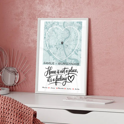Personalisiertes Poster Spruch Familie Stadtkarte Is A Feeling Herzform mit Nachname 5