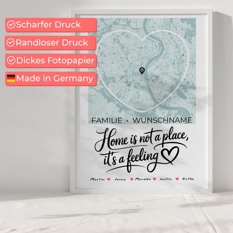 Personalisiertes Poster Spruch Familie Stadtkarte Is A Feeling Herzform mit Nachname 6