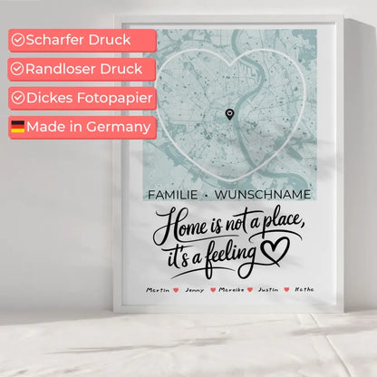 Personalisiertes Poster Spruch Familie Stadtkarte Is A Feeling Herzform mit Nachname 6