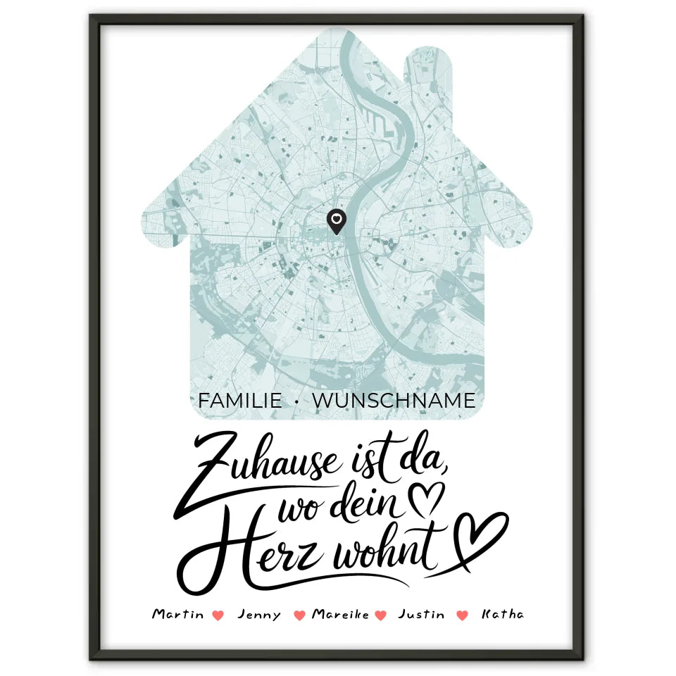 Familienposter personalisiert Stadtkarte Zuhause Ist Da mit Nachname