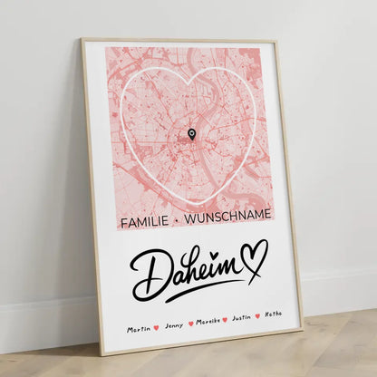 Familienposter personalisiert Stadtkarte Daheim mit Nachname Herzform 3
