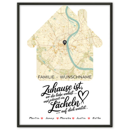 Personalisierte Stadtkarte Poster Spruch Familie Wo die Liebe Wohnt Hausform mit Nachname 1