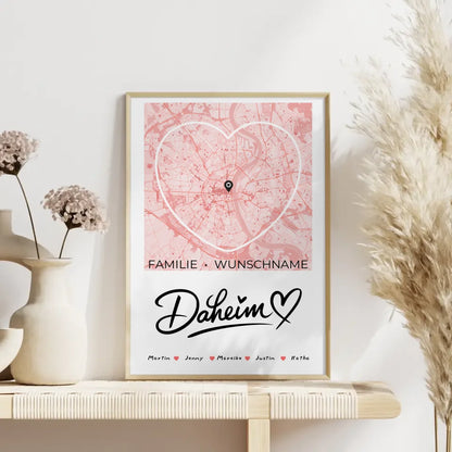 Familienposter personalisiert Stadtkarte Daheim mit Nachname Herzform 4