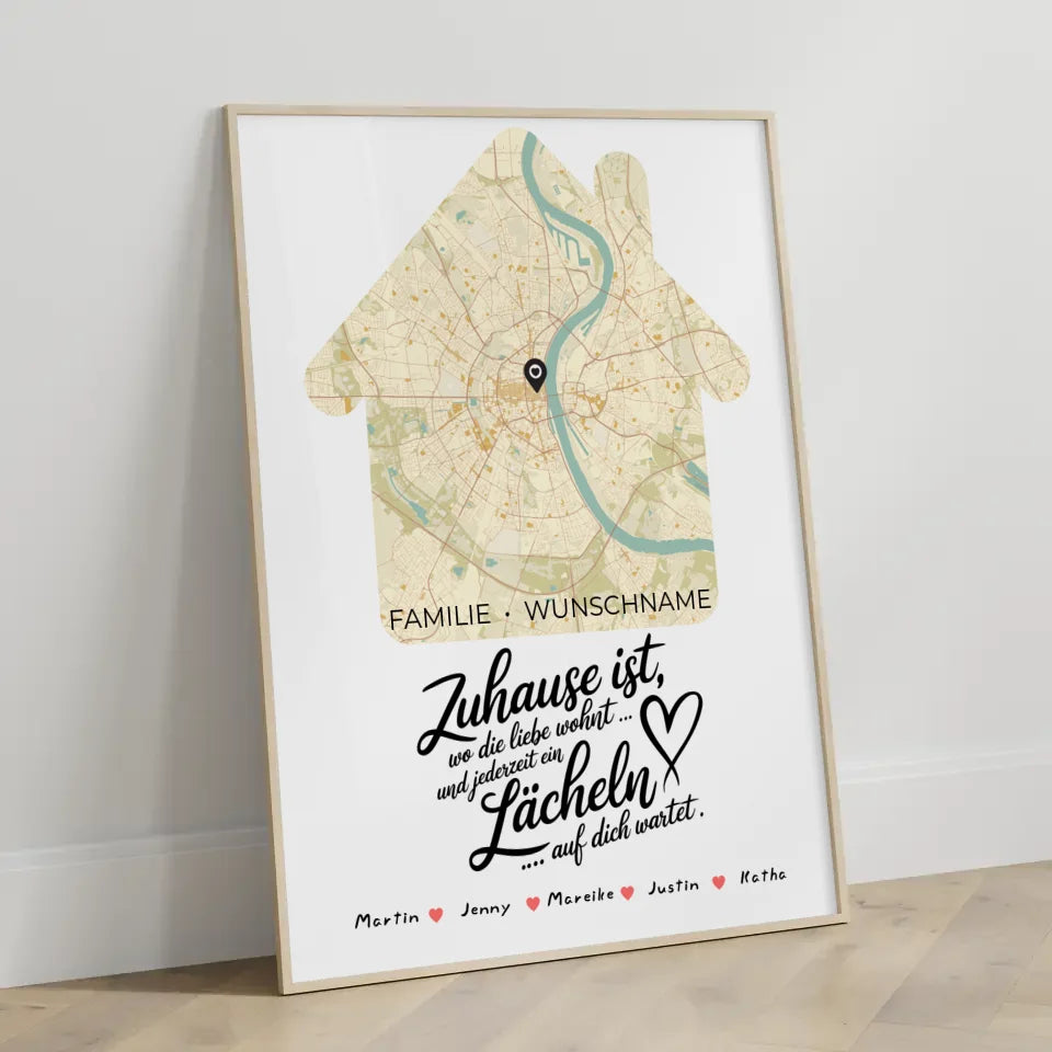 Personalisierte Stadtkarte Poster Spruch Familie Wo die Liebe Wohnt Hausform mit Nachname 3