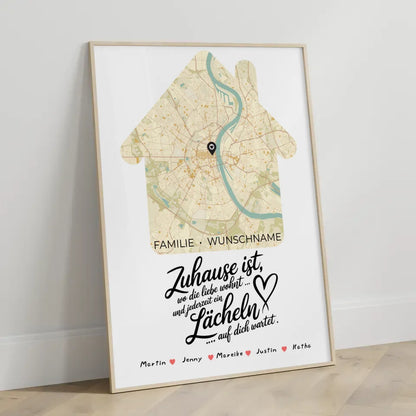 Personalisierte Stadtkarte Poster Spruch Familie Wo die Liebe Wohnt Hausform mit Nachname 3