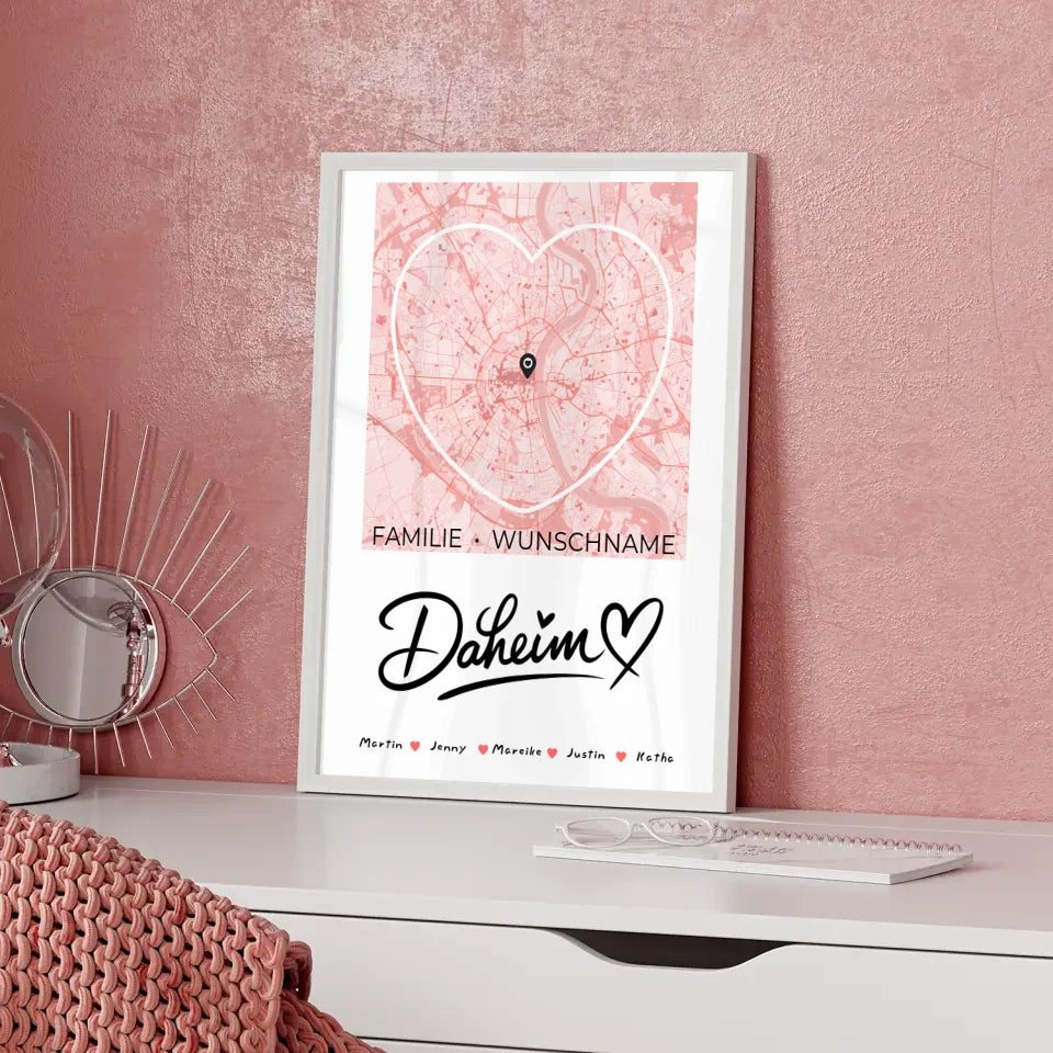 Familienposter personalisiert Stadtkarte Daheim mit Nachname Herzform 5