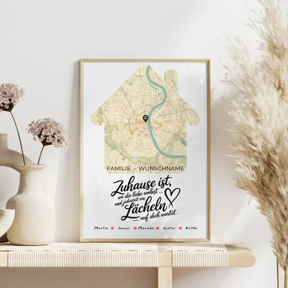 Personalisierte Stadtkarte Poster Spruch Familie Wo die Liebe Wohnt Hausform mit Nachname 4