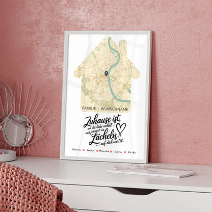 Personalisierte Stadtkarte Poster Spruch Familie Wo die Liebe Wohnt Hausform mit Nachname 5