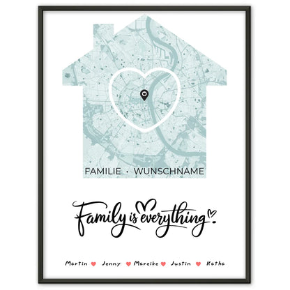 Familien Poster personalisiert Stadtkarte Family Is Everything mit Nachname