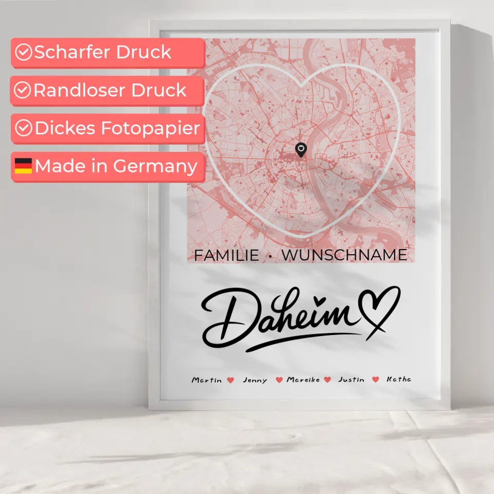 Familienposter personalisiert Stadtkarte Daheim mit Nachname Herzform 6