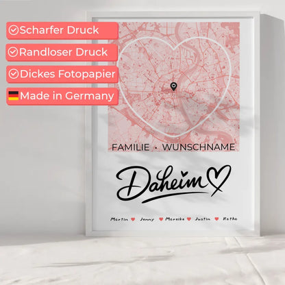 Familienposter personalisiert Stadtkarte Daheim mit Nachname Herzform 6