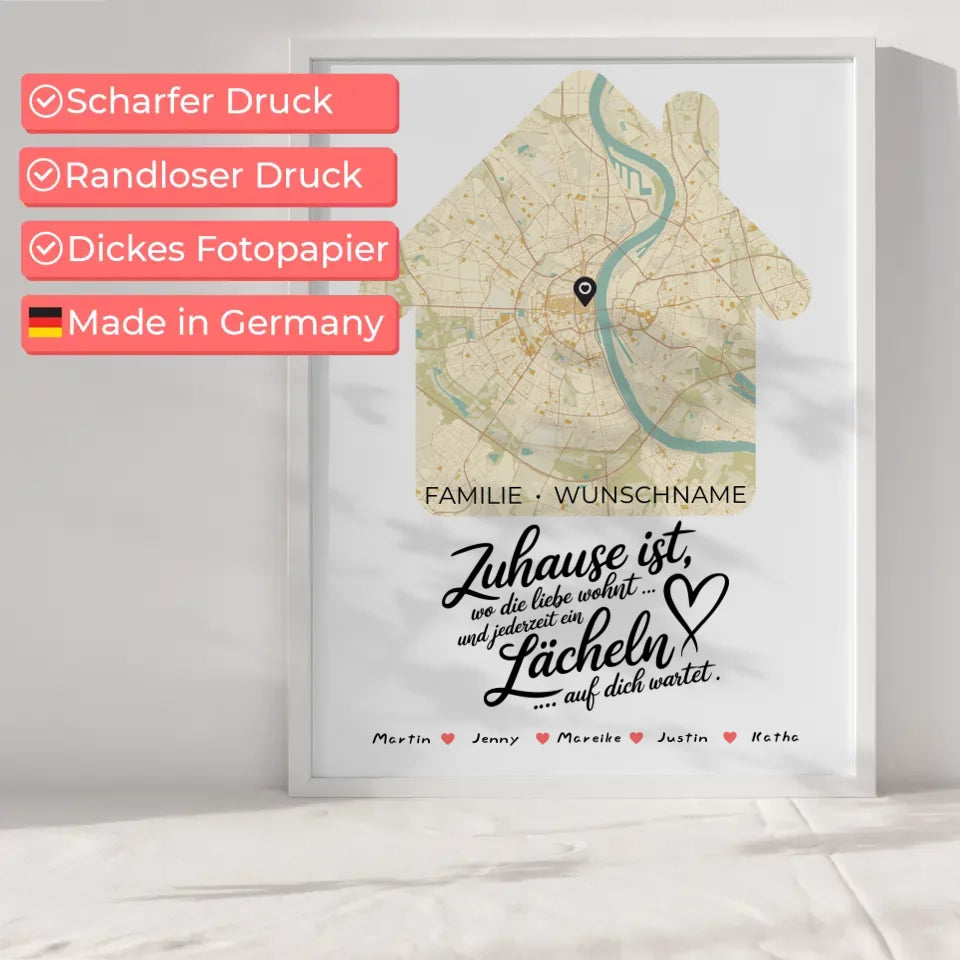 Personalisierte Stadtkarte Poster Spruch Familie Wo die Liebe Wohnt Hausform mit Nachname