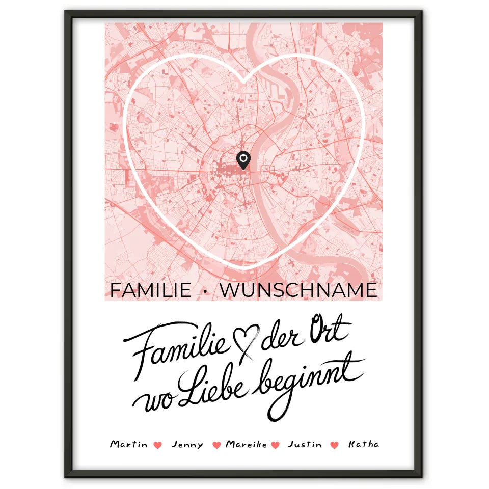 Personalisiertes Poster Spruch Familie Stadtkarte Wo Liebe beginnt Herzform mit Nachname