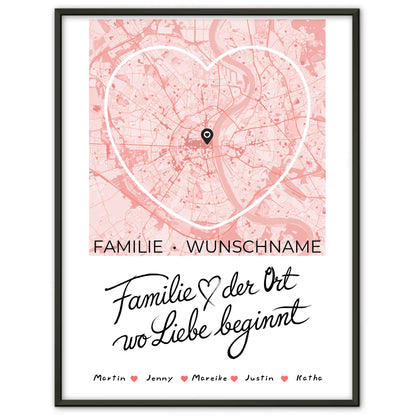 Personalisiertes Poster Spruch Familie Stadtkarte Wo Liebe beginnt Herzform mit Nachname