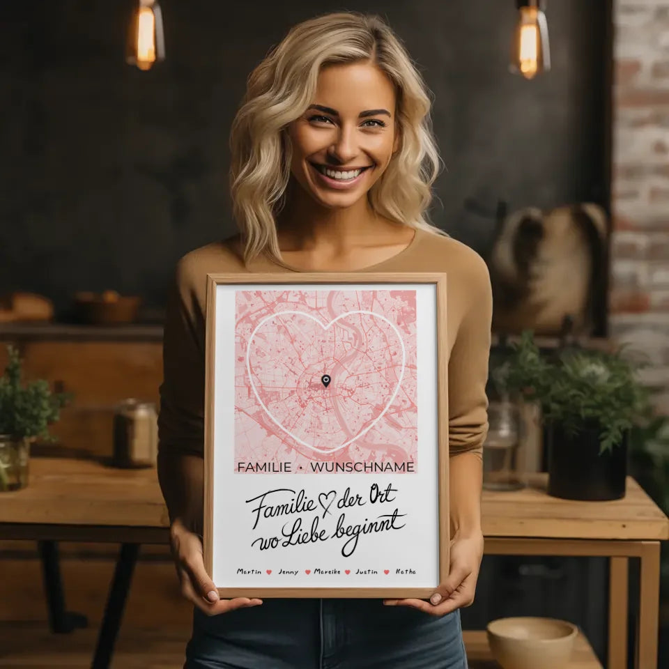 Personalisiertes Poster Spruch Familie Stadtkarte Wo Liebe beginnt Herzform mit Nachname