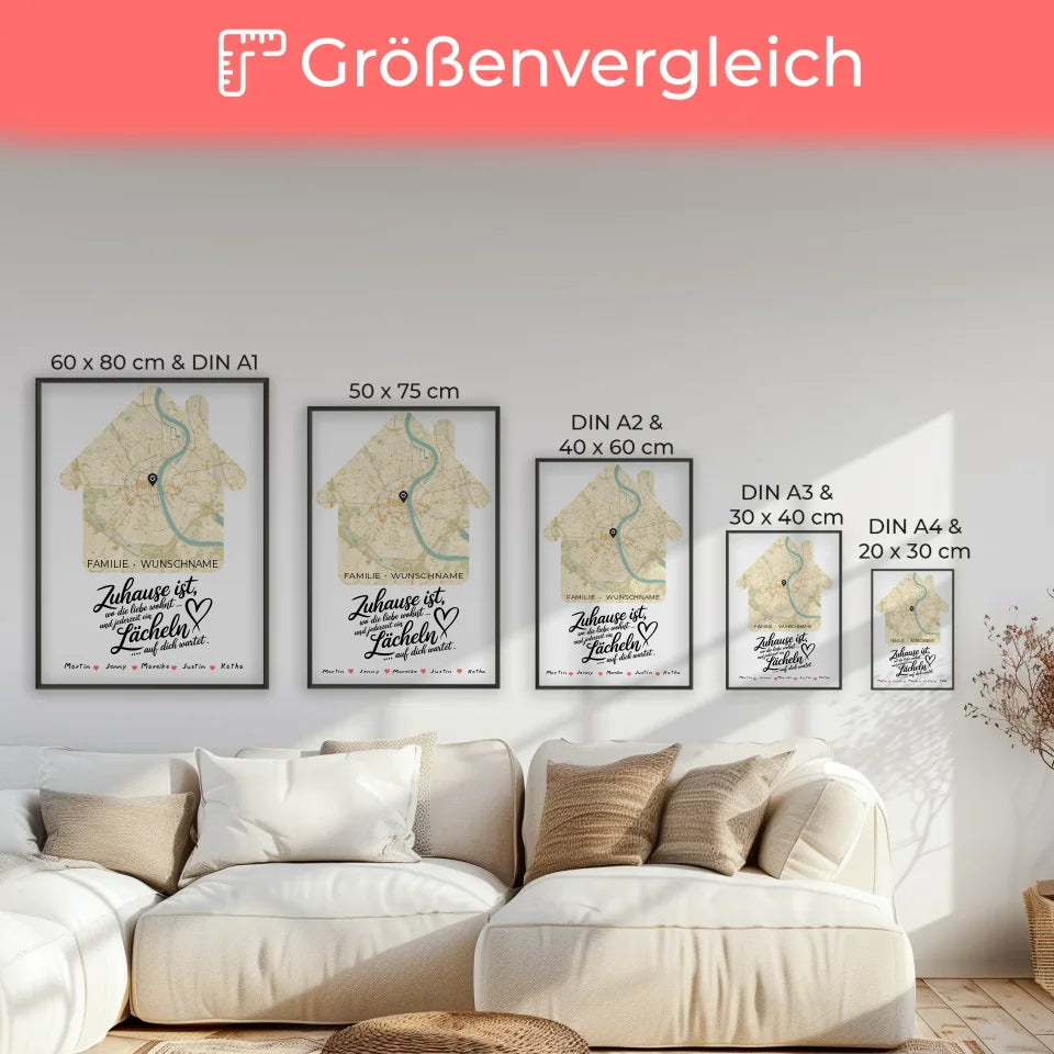 Personalisierte Stadtkarte Poster Spruch Familie Wo die Liebe Wohnt Hausform mit Nachname 7