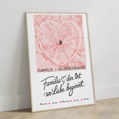 Personalisiertes Poster Spruch Familie Stadtkarte Wo Liebe beginnt Herzform mit Nachname