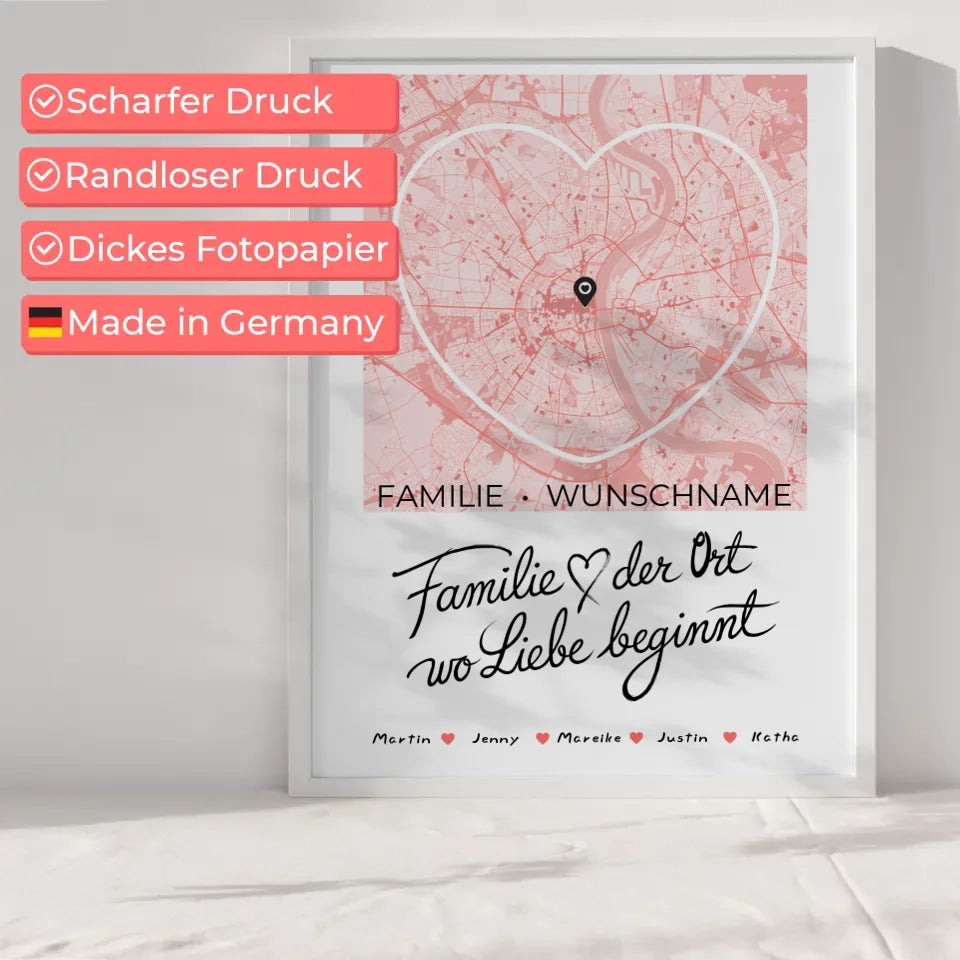 Personalisiertes Poster Spruch Familie Stadtkarte Wo Liebe beginnt Herzform mit Nachname