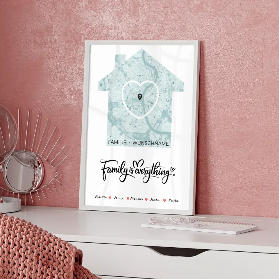 Familien Poster personalisiert Stadtkarte Family Is Everything mit Nachname