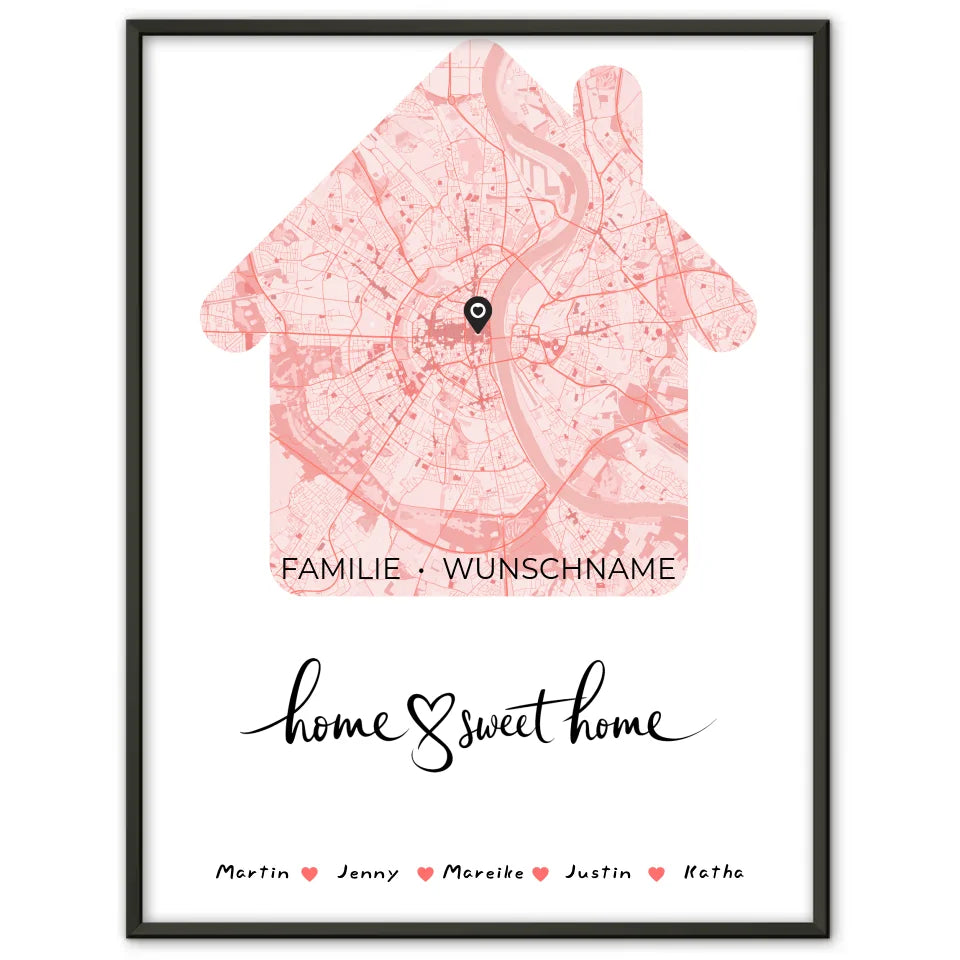 Familienposter personalisiert Stadtkarte Home Sweet Home mit Nachname