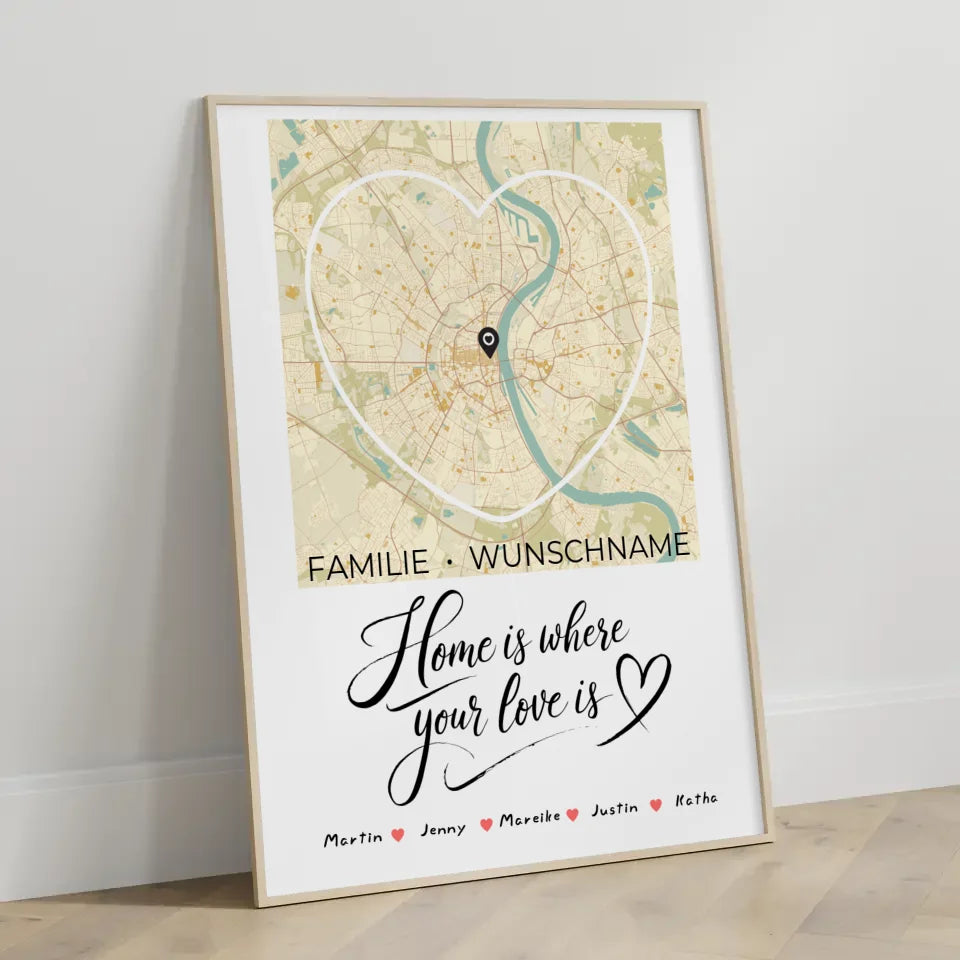 Familien Poster Personalisiert Stadtkarte Herzform Home Is Where Your Love Is