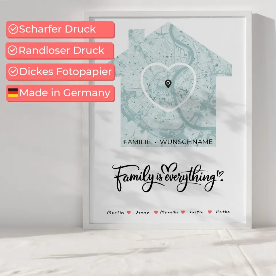 Familien Poster personalisiert Stadtkarte Family Is Everything mit Nachname