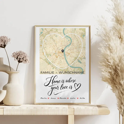 Familien Poster Personalisiert Stadtkarte Herzform Home Is Where Your Love Is