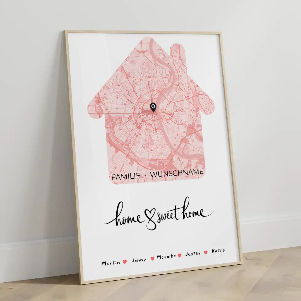 Familienposter personalisiert Stadtkarte Home Sweet Home mit Nachname