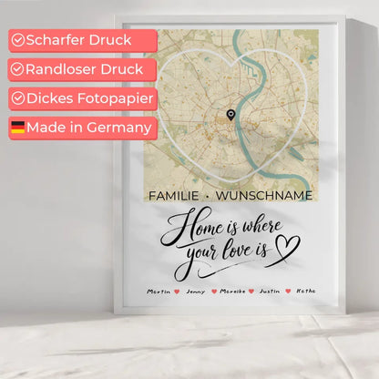 Familien Poster Personalisiert Stadtkarte Herzform Home Is Where Your Love Is