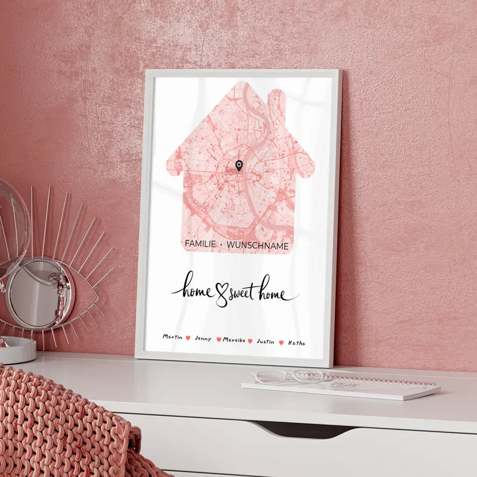 Familienposter personalisiert Stadtkarte Home Sweet Home mit Nachname