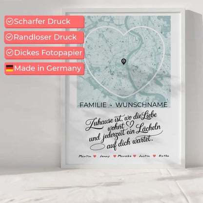 Personalisiertes Poster Familie Stadtkarte Zuhause Ist mit Nachname Herzform