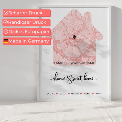 Familienposter personalisiert Stadtkarte Home Sweet Home mit Nachname