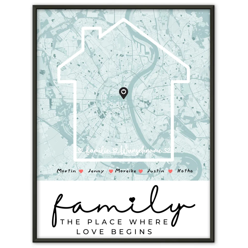 Personalisiertes Poster Familie Stadtkarte Where The Love Begins mit Nachname 1