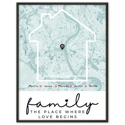 Personalisiertes Poster Familie Stadtkarte Where The Love Begins mit Nachname 1