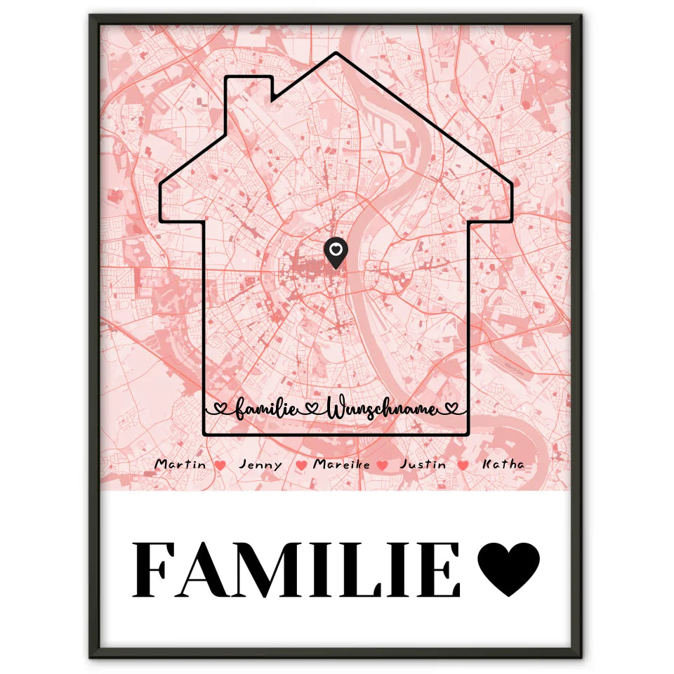 Personalisiertes Poster Familie Stadtkarte mit Nachname Familienliebe 1