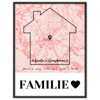 Personalisiertes Poster Familie Stadtkarte mit Nachname Familienliebe 1