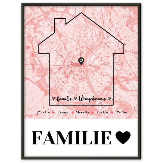 Personalisiertes Poster Familie Stadtkarte mit Nachname Familienliebe 1