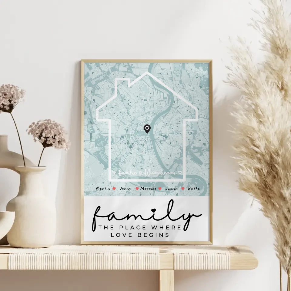 Personalisiertes Poster Familie Stadtkarte Where The Love Begins mit Nachname 4