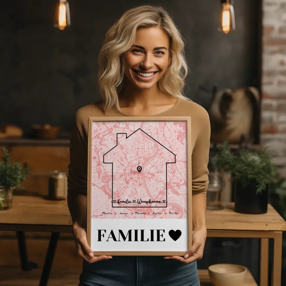 Personalisiertes Poster Familie Stadtkarte mit Nachname Familienliebe 2