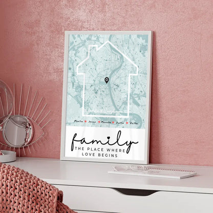 Personalisiertes Poster Familie Stadtkarte Where The Love Begins mit Nachname 5