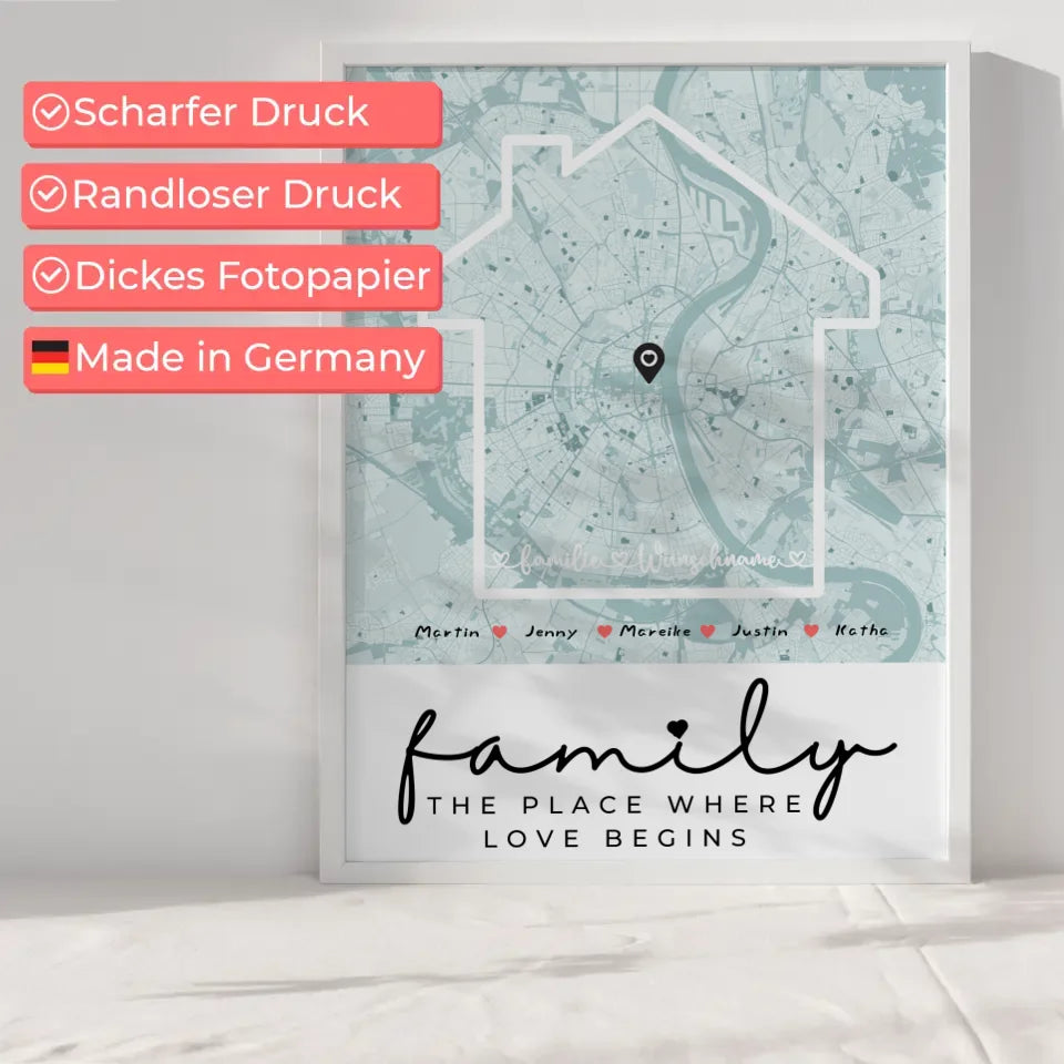 Personalisiertes Poster Familie Stadtkarte Where The Love Begins mit Nachname 6