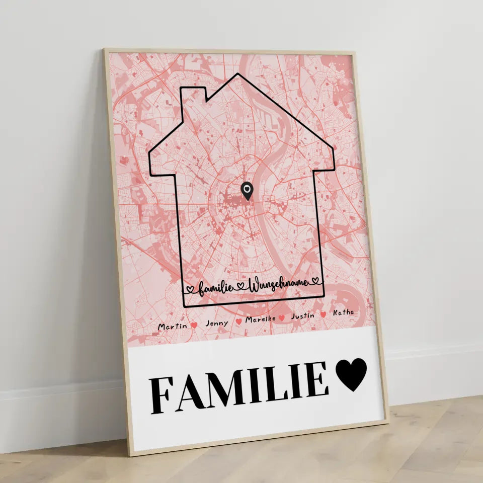 Personalisiertes Poster Familie Stadtkarte mit Nachname Familienliebe