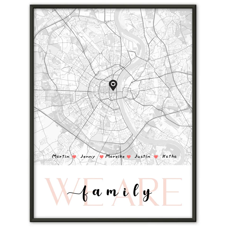 Personalisiertes Poster Familie Stadtkarte We Are Family mit Nachname 1