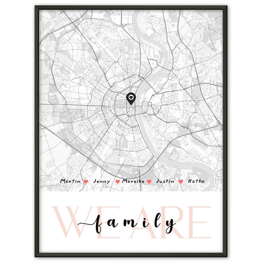 Personalisiertes Poster Familie Stadtkarte We Are Family mit Nachname 1