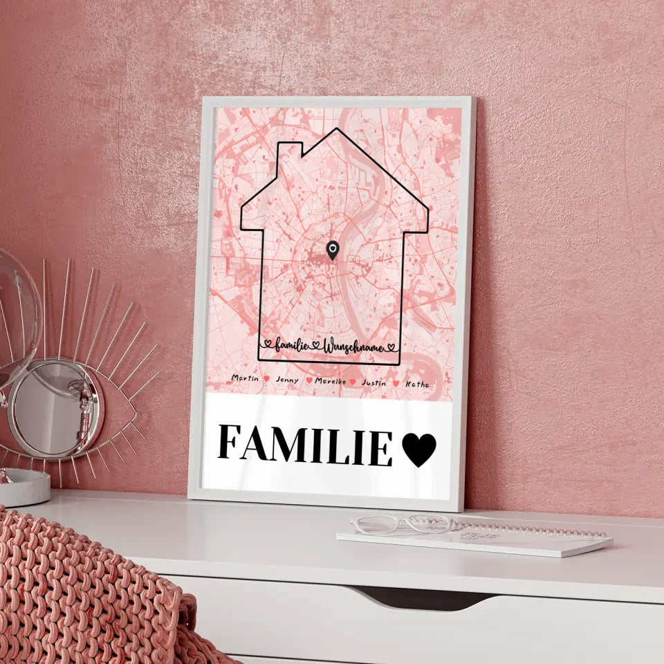 Personalisiertes Poster Familie Stadtkarte mit Nachname Familienliebe